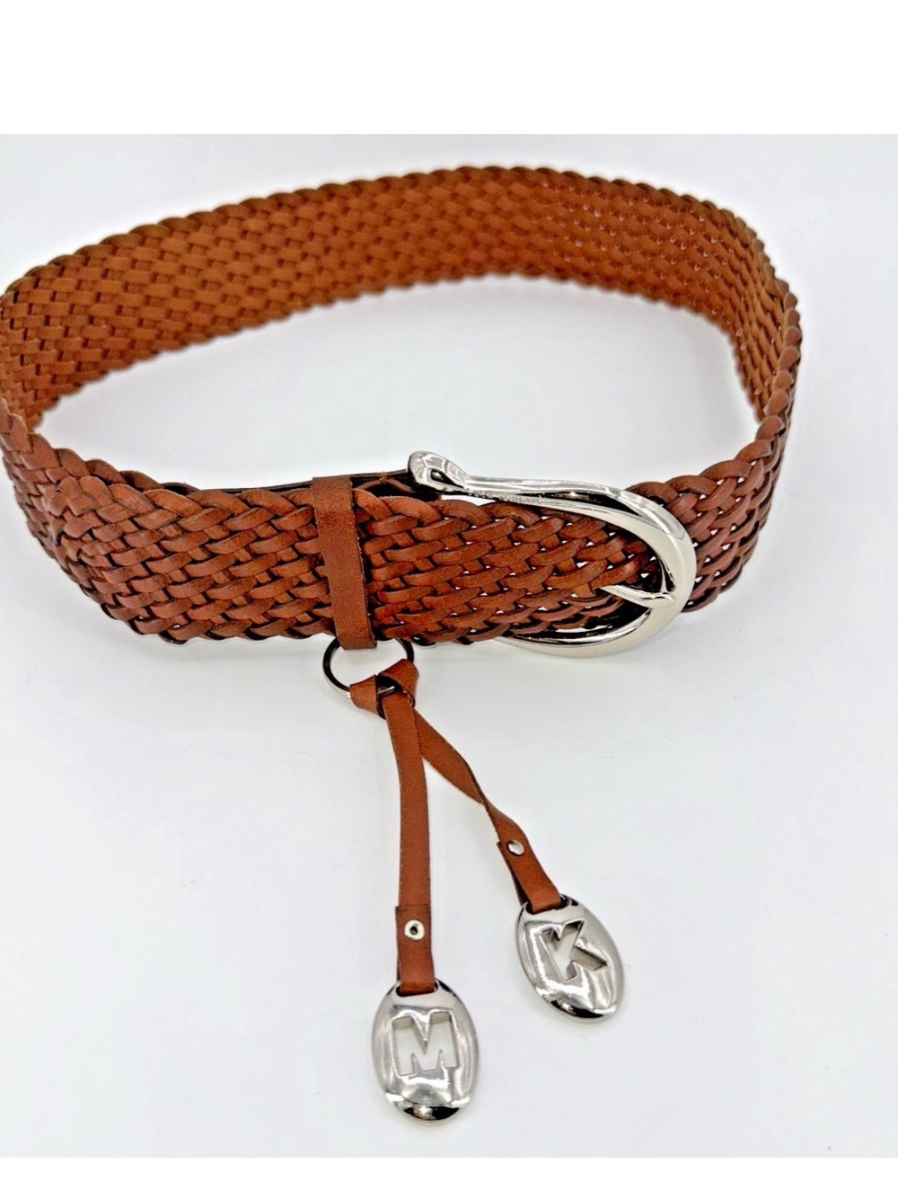 Michael Kors Boho Brown Woven Wide Waist Belt with MK Logo Charms Size M